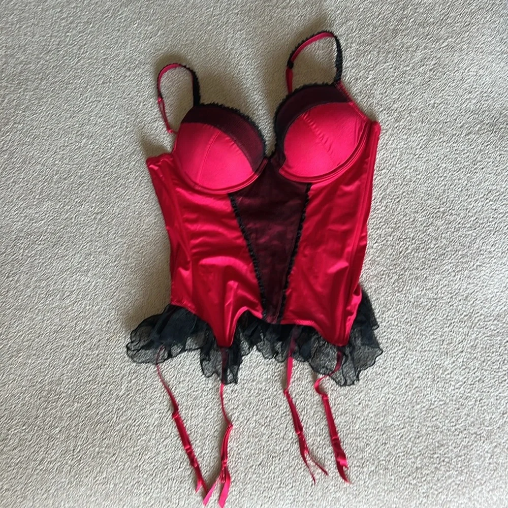 Y2K Vintage H&M Red Satin & Black Lace Boned Corset with Garter *NWT* - Size36B - Picture 12 of 14
